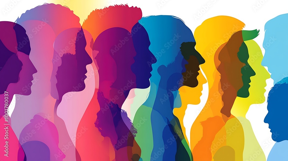 Poster a row of colorful silhouettes of people in profile, representing diversity and unity.