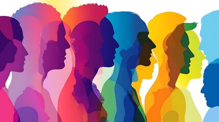 A row of colorful silhouettes of people in profile, representing diversity and unity.