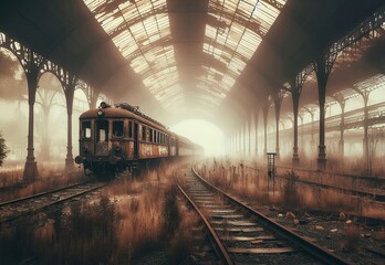 Naklejka premium Old abandoned railway station, rusty train standing on the rails. The area and dilapidated buildings are shrouded in mystical darkness and fog. Illustration by Generative AI.