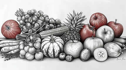 An outline drawing of a variety of fruits and vegetables.