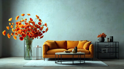 Brightly Decorated Modern Living Room Featuring Vibrant Poppies and a Cozy Orange Sofa