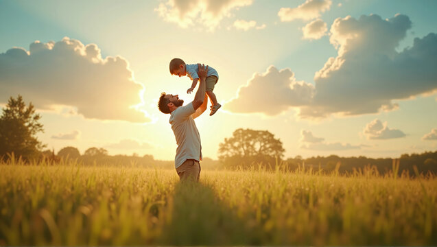 Happy father and son playing happily in nature, strengthening and maintaining the father-son bond - Powered by Adobe