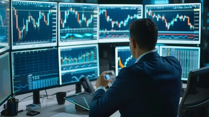 Fototapeta premium A man in a suit sits in front of multiple monitors displaying stock market data, analyzing financial information.
