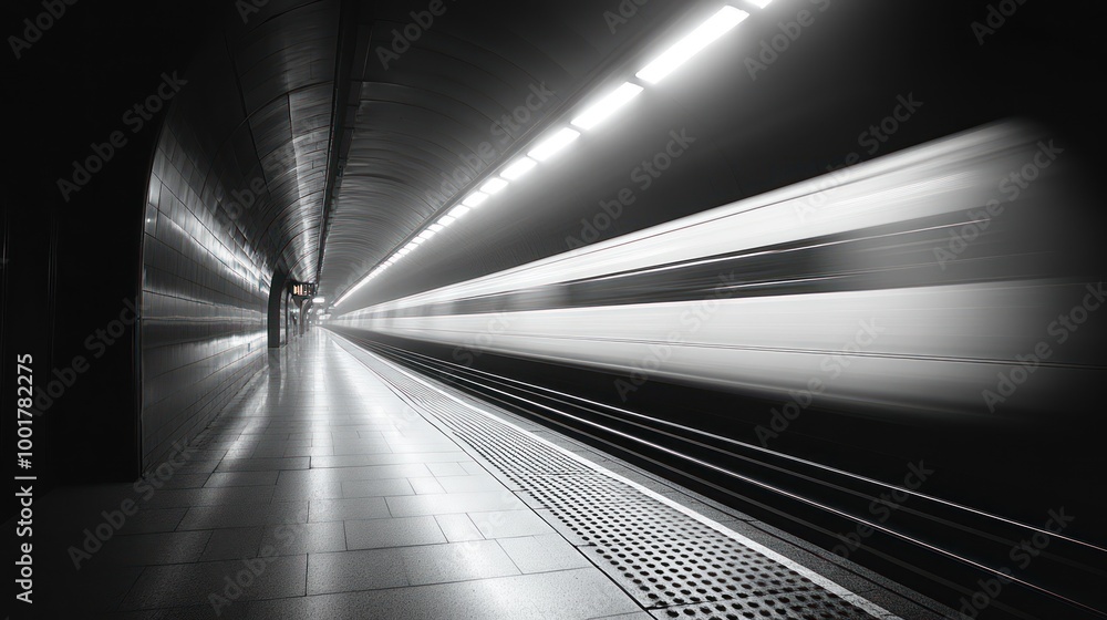 Canvas Prints A blurred train speeds through a subway tunnel, leaving a trail of motion in its wake. The platform is empty save for a lone figure in the distance.