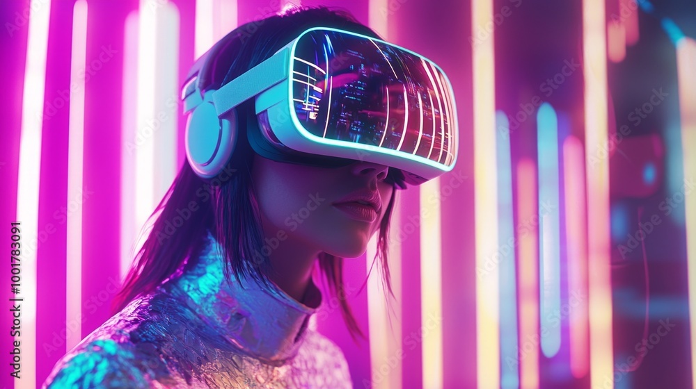 Poster person engages deeply in a virtual reality experience surrounded by colorful neon lights that create