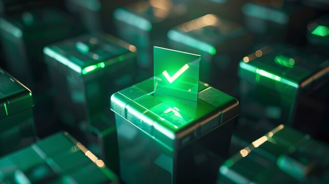 A glowing green checkmark icon sits atop a cluster of green, glossy cubes. A futuristic and abstract representation of success. - Powered by Adobe