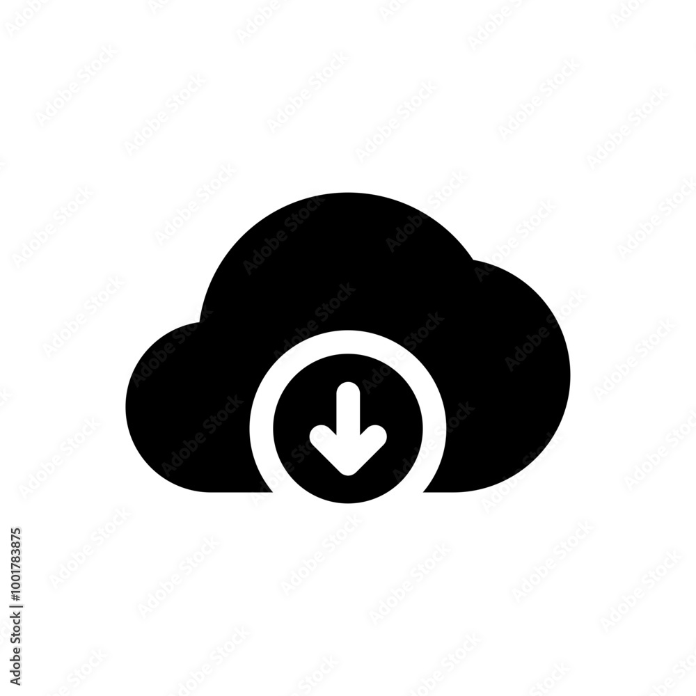 Poster cloud download icon with arrow down symbol, save import icon, data storage database icons button	
