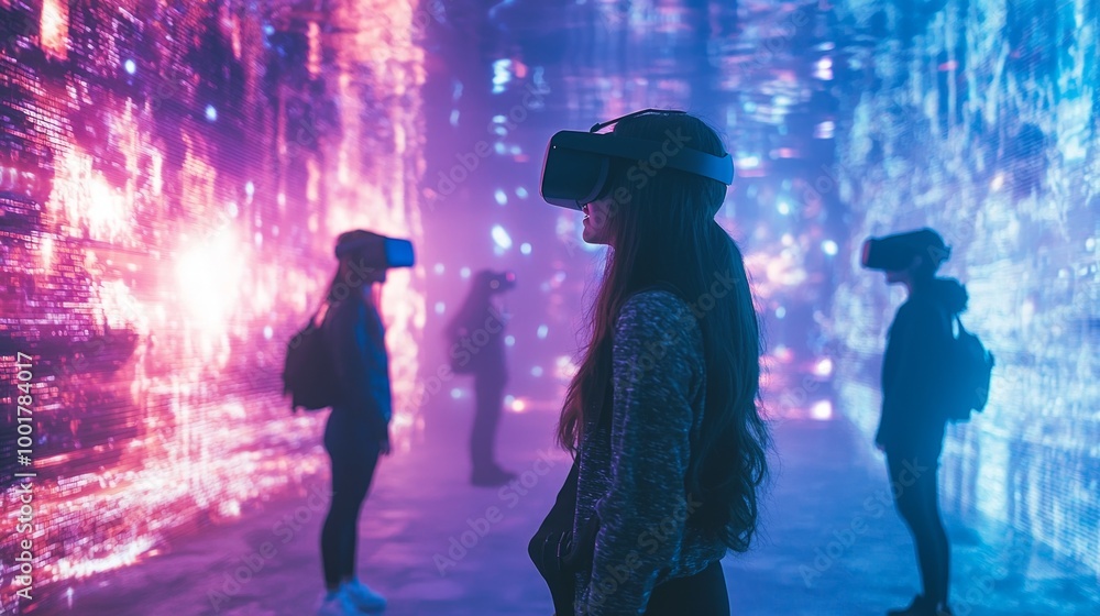 Poster group of individuals engages with a captivating digital environment while wearing virtual reality he