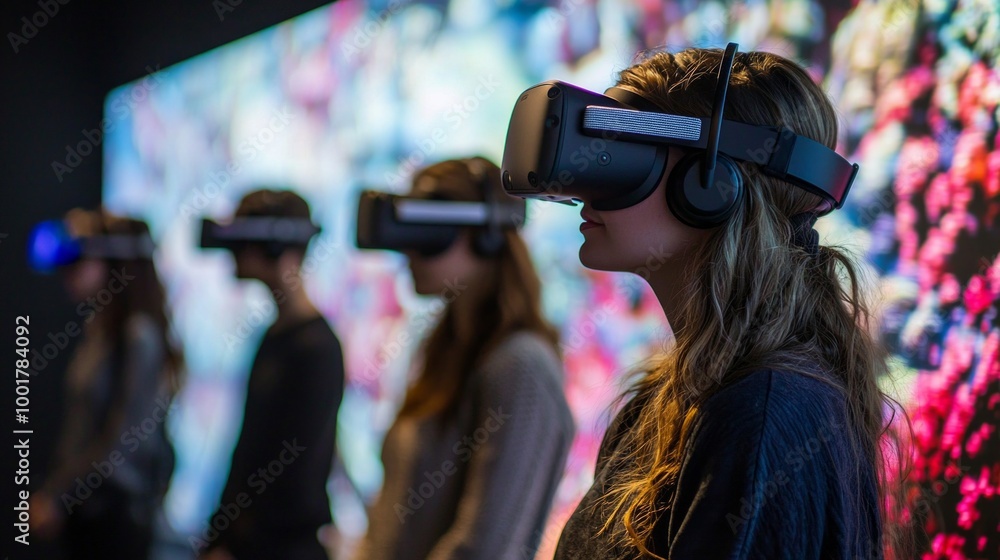 Poster groups of individuals are deeply engaged in a captivating virtual reality experience navigating a co