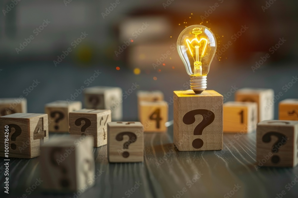 Wall mural a lightbulb illuminates a question mark block, symbolizing the power of knowledge and finding soluti