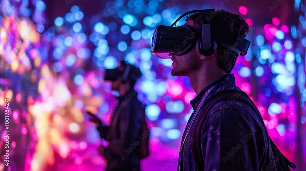 Poster two individuals engage with an immersive virtual reality experience exploring a colorful digital lan