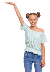 Fototapeta premium A young girl in a mint green off-shoulder top smiling and raising her hand against a white background.