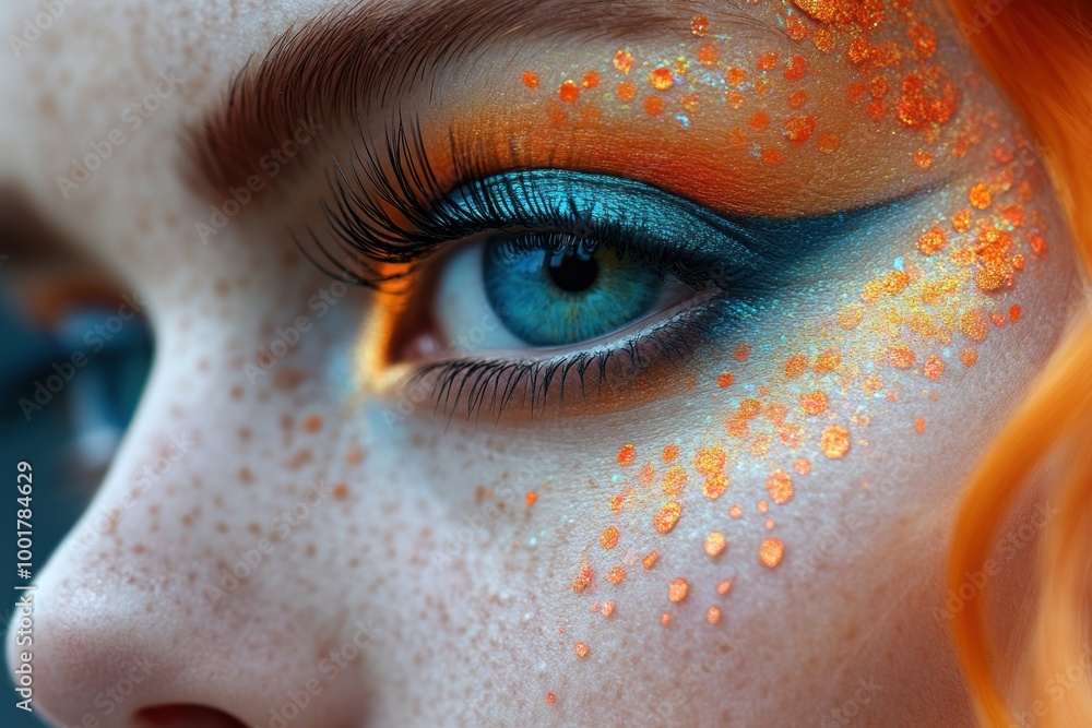 Sticker Close-up of a woman's blue eye with bright orange and teal makeup, focusing on the eyelashes and freckled skin.