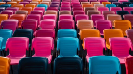 Fototapeta premium Brightly colored plastic chairs are neatly arranged in rows, creating a lively and geometric pattern. This energetic setup invites attention and adds a playful atmosphere