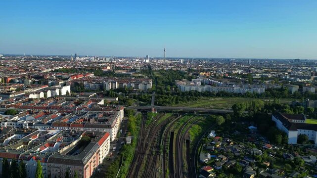 berlin former bornholmer str bridge border. Majestic aerial view flight drone