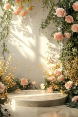 Fototapeta premium A serene floral arrangement with soft peach roses and green vines in a sunlit space bringing a sense of tranquility and beauty. Generative AI