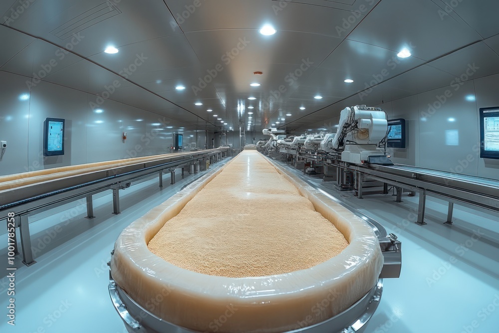 Sticker A long conveyor belt filled with rice grains moves through a factory, showcasing the industrial process of food production.