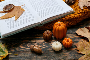 Composition with candles in shape of pumpkins, open book and autumn decor on wooden table