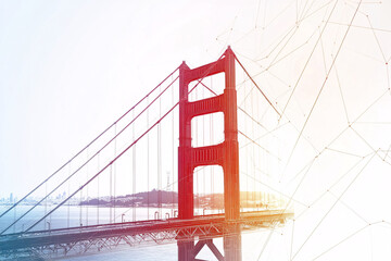 Digital abstract art of the Golden Gate Bridge, blending bright red and orange hues with a soft white background and geometric patterns
