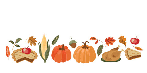 festive border autumn pattern with pumpkins, pies and leaves, flat style illustrations