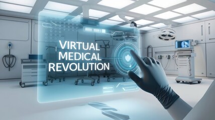 A 3D render of a medical worker's hand touching a holographic screen. The screen displays the words "virtual medical revolution". In the background, there are various medical tools and equipment. The 