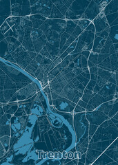 A detailed map of Trenton, New Jersey, rendered in a minimalist style. The map features a dark teal background with white lines representing roads, streets, and waterways.