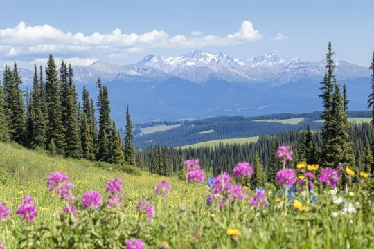 This photo shows wildflowers in Cinnabar basin, South Chilcotin Mountains Provincial Park, near Gold Bridge, British Columbia, Canada