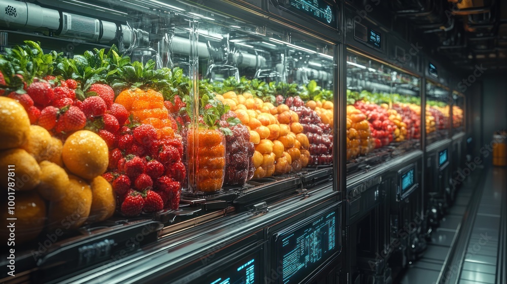 Canvas Prints A futuristic grocery store with fresh produce displayed in rows of glass cases, illuminated by glowing lights.