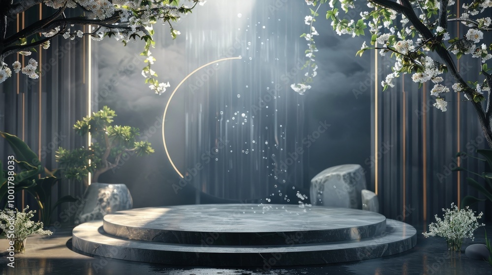 Poster a serene celestial garden with gentle rain and soft light creating a tranquil atmosphere for meditat