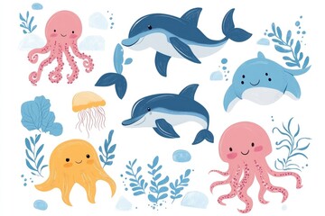 Cute sea animals like dolphins, octopuses, and jellyfish in an illustrated set. 4k illustration