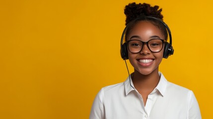 A young call center agent wearing a crisp white shirt and headset smiles confidently, exuding professionalism and approachability with bright yellow background enhancing her demeanor