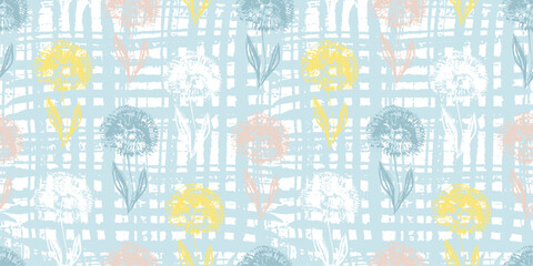Tender light blue seamless pattern with textured hand drawn colorful dandelion flowers. Pastel colours sketch vector floral print for textile, wrapping paper, cover, surface, nursery wallpaper