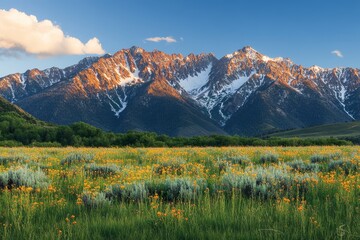 Fototapeta premium The sunset at Mt. Timpanogos in the Rocky Mountains of Utah is accompanied by wild flowers.