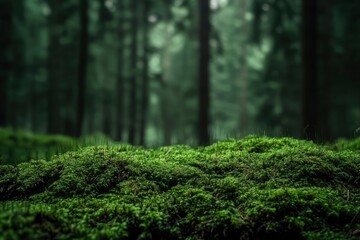 Fototapeta premium Green moss and background. Backdrop for displaying products. Dark forest background. with generative ai