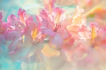 The light of a rainbow shines on azalea flowers