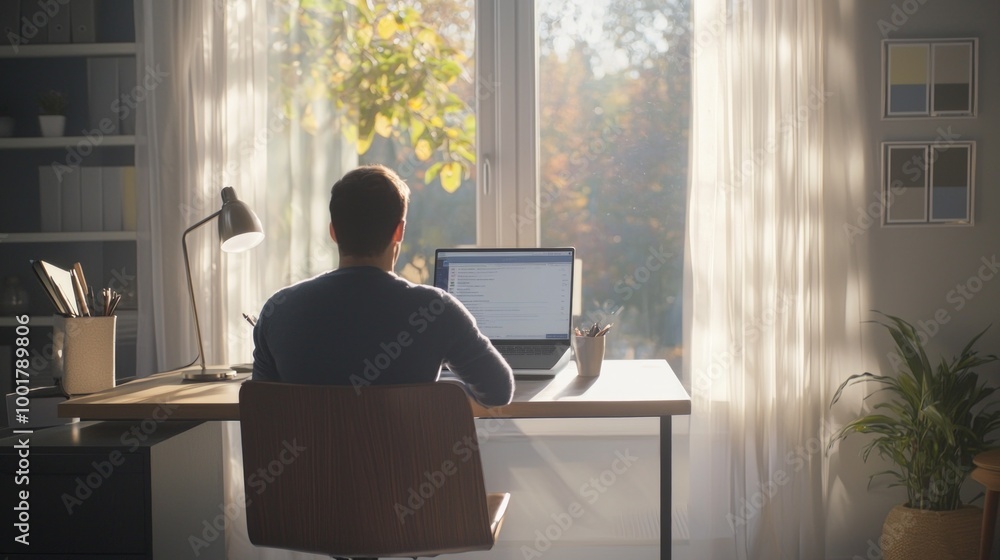 Poster professional is participating in a virtual meeting from a sleek home office illuminated by natural l