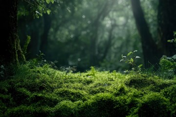 Fototapeta premium Green moss and background. Backdrop for displaying products. Dark forest background. with generative ai