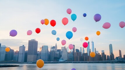 Balloons of various colors drift freely above a vibrant city skyline, enhancing the beauty of the urban landscape during sunset