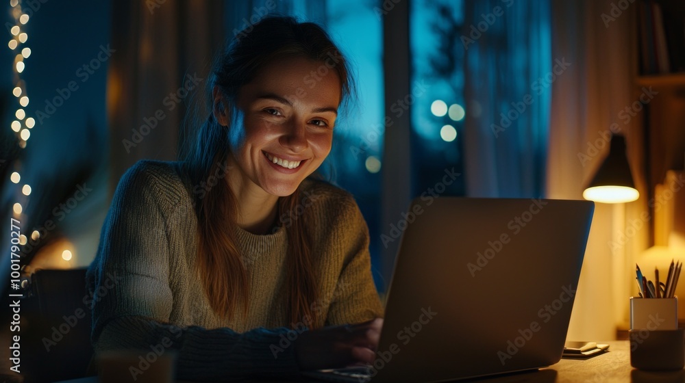 Poster remote worker is seen smiling while participating in a virtual team meeting on her laptop. the setti
