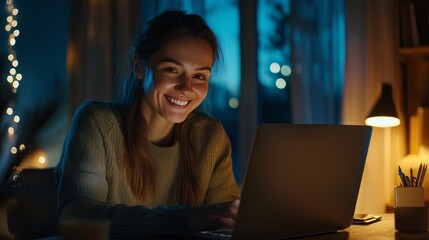 remote worker is seen smiling while participating in a virtual team meeting on her laptop. The setting is a comfortable home office illuminated by soft lighting.