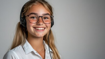 A cheerful customer service representative in a formal shirt wears a headset, smiling warmly while highlighting a friendly and professional demeanor against a light gray backdrop