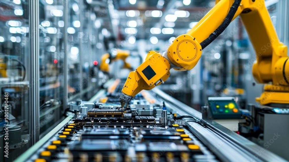 Poster robotic arm expertly assembles electronic components on a cutting edge production line showcasing th