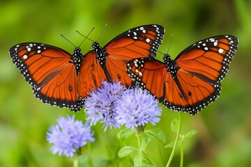 Naklejka premium Monarch butterflies, Danaus plexippus, on migration route; Rio Grande Valley, Mission, Texas.