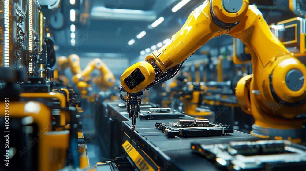 Poster robotic arm skillfully assembles electronic components on a state of the art production line showcas