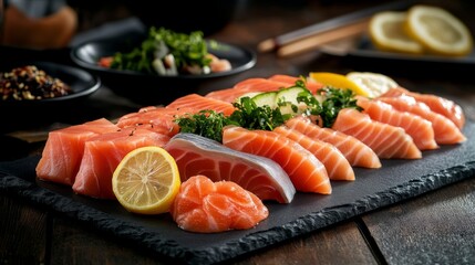 The seafood platter features an assortment of thinly sliced sashimi garnished with fresh herbs and lemon slices, elegantly arranged on a slate board, with space for promotional text