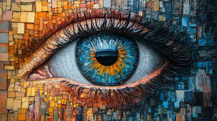 Surreal Mosaic Eye with Colorful Tiles Featuring Cityscape and Building Details in a Modern Artistic Design