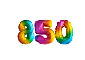 Multicolored balloon for number 850 celebration. Happy birthday on white background