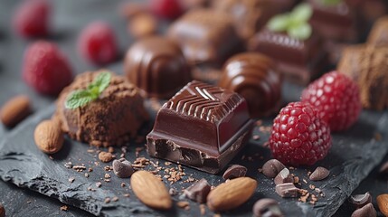 A sophisticated top view of a dessert selection with dark chocolate truffles, caramel bites, and pralines