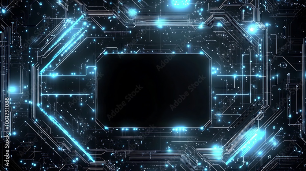 Poster Abstract digital technology background with glowing blue lines and dots in a circuit board pattern with a black rectangle in the center.