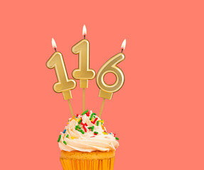 Birthday number 116 - Golden candle with cupcake